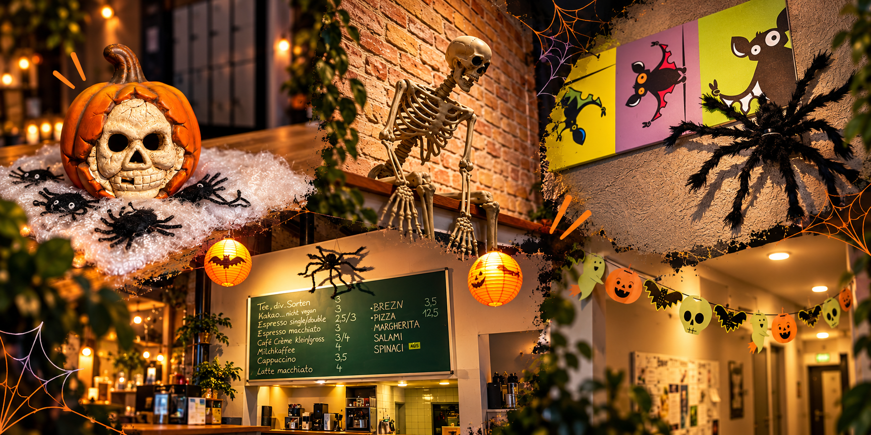 Halloween-Dekoration im Cliffhanger: Collage mit Totenkopf-Kürbis, Skelett, großen Spinnen, orangefarbenen Laternen und Girlanden.